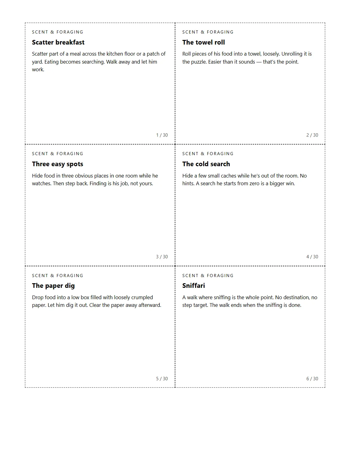 A printable page of six enrichment activity cards with cut lines, from the 30-Day Enrichment Deck.